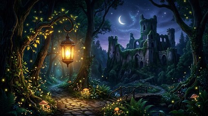 Fototapeta premium Enchanting Forest Path Leading to a Ruined Castle Under a Crescent Moon.