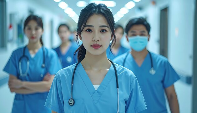 A female doctor in blue scrubs stands at the forefront