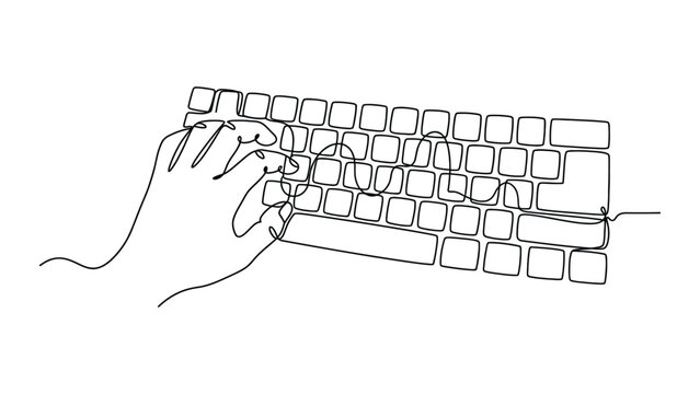 Continuous line drawing of a hand typing on a computer keyboard.