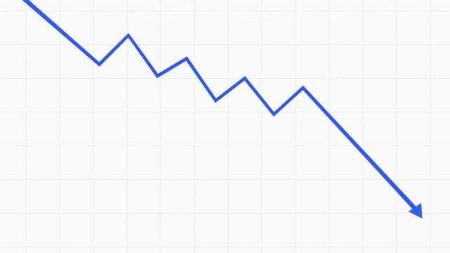 Business chart showing decrease with blue arrow on white grid background