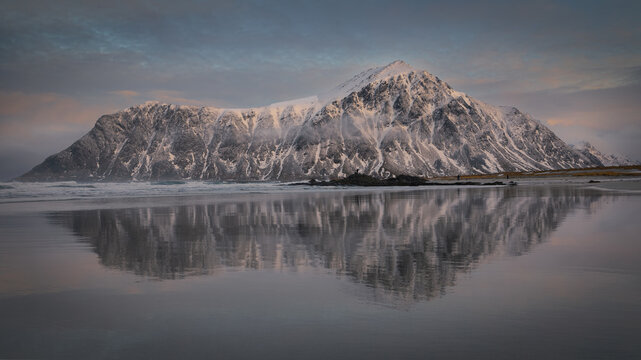 Winter scene at Skagsanden beach in Lofoten, Norway