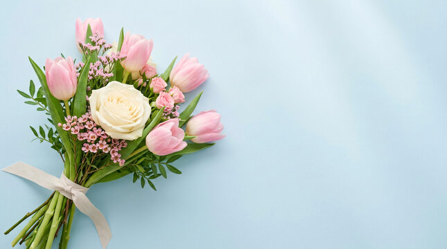 Needs to be descriptive and concise. Pink tulips and white rose floral bouquet with ribbon on light blue background is factual and covers key elements.