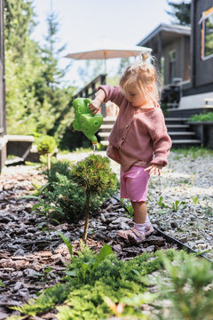 Little girl waters a small tree in backyard garden