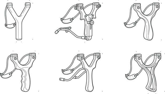 Slingshot vector illustration collection featuring detailed handheld catapult designs and outdoor hunting equipment outline icon set