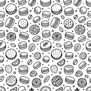 French macarons and bakery sweet dessert line art doodle seamless pattern background vector illustration