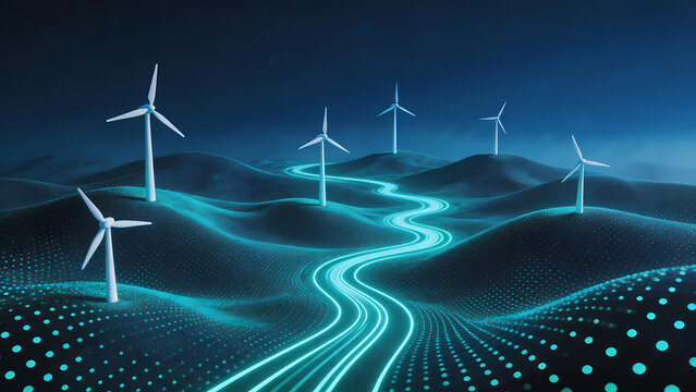 White wind turbines on hills under starry sky