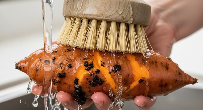 Washing a Sweet Potato Under Running Water with a Brush.