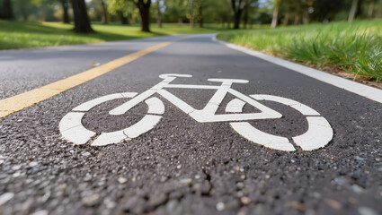 Obraz premium Close-up of a painted bicycle symbol on an asphalt bike path in a park. Concept of urban cycling infrastructure, active lifestyle, and sustainable city transport