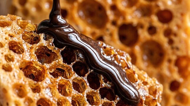 Chocolate syrup pouring on honeycomb delicious dessert macro shot

