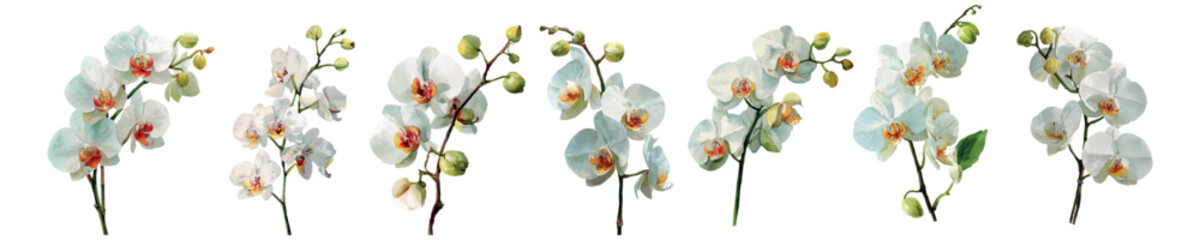 Fototapeta premium White phalaenopsis orchids watercolor style collection isolated on a white background. Featuring various bloom stages with open flowers and unopened buds