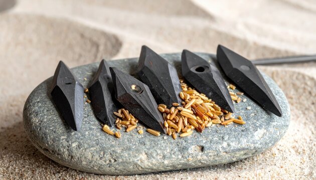 A precise collection of dark, sharpened flint arrowheads displayed on a textured stone with grains