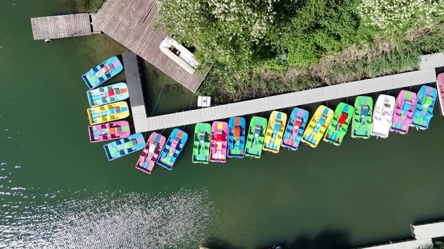 Top Down Drone View of Colorful Pedal Boats Moored at Bagry Lake, Krakow, Poland