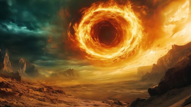 A large fiery circle forms in the sky above a desolate terrain with rocky mountains as dark clouds roll in during sunset