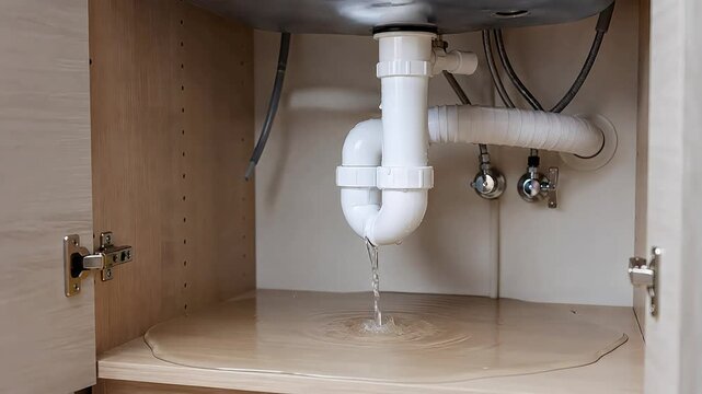 Small water leak dripping under kitchen sink pipe