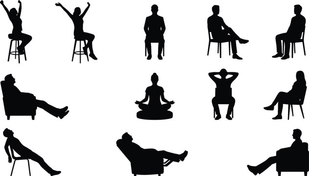 Set of people sitting silhouettes on chairs relaxed poses meditation casual posture collection isolated on white background