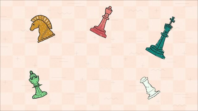 Animated vector chess elements loop featuring hand drawn boiling lines on a retro backdrop.