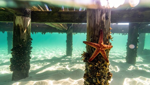 Orange starfish clinging to a submerged pier piling covered in barnacles and algae with sunlight filtering through clear turquoise water.