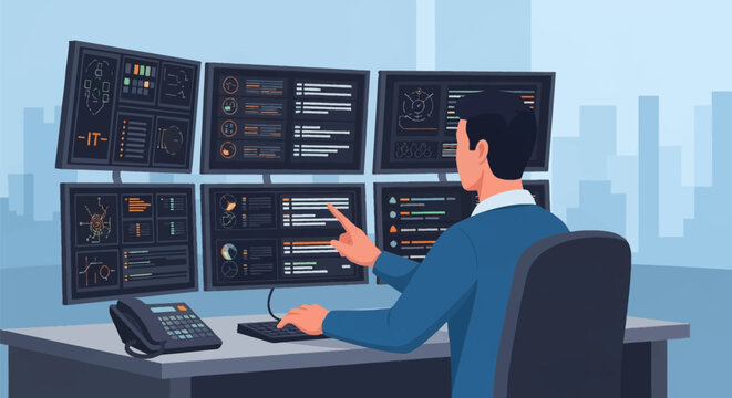 IT professional monitoring data on multiple screens in a control room. Vector illustration of a technician analyzing system metrics and network logs on dashboard monitors.