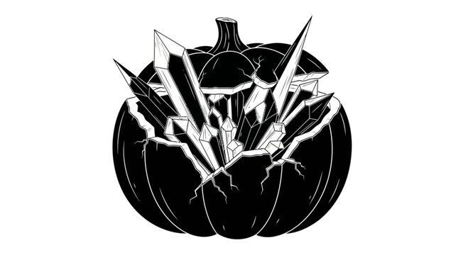 Black and white illustration of a cracked pumpkin filled with sharp crystals.