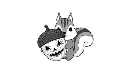 Cute cartoon squirrel holding a carved jack o lantern acorn. © ayana