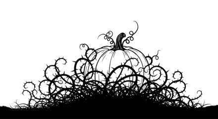 A detailed black and white illustration of a pumpkin surrounded by thorny vines. © ayana