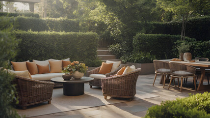 Fototapeta premium Beautiful landscaped courtyard patio beside a modern house, comfortable outdoor seating with gray cushions and terracotta accent pillows, decorative plants in ceramic pots, textured brick pavers
