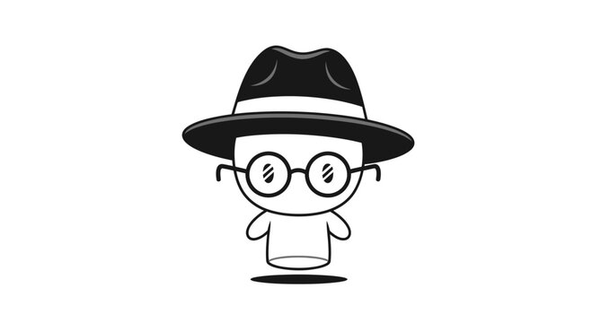 Minimalist cartoon character wearing a fedora hat and round glasses.