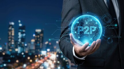 Fototapeta premium P2P Technology Concept Person Holding Digital Sphere with Network Connections.