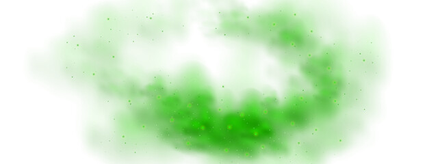 Green cloud with magic smoke and light particle background. Trash smell or poison haze isolated 3d bg frame. Radioactive realistic wallpaper graphic for galaxy banner. Panoramic mystery firefly dust. © Mariia