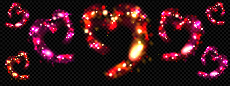 Red Valentine bokeh sparkle. Firefly heart shine overlay effect with flare and blurry element. Pink romance aura for party or game. Rose boke with neon leak and shimmer explosion transparent bling