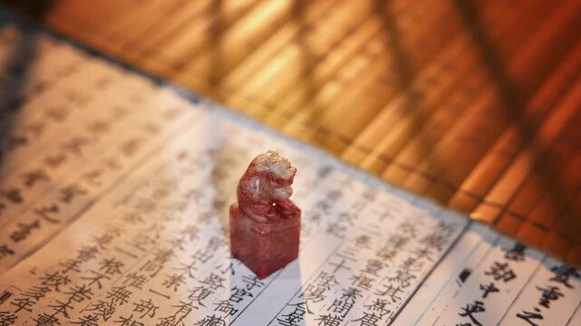 Close up shot of traditional chinese stone emblem stamp seal over ancient bamboo strips with classical calligraphy and historical documents