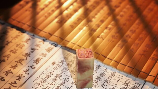 Macro shot of traditional chinese stone emblem stamp seal product over ancient bamboo strips with classical calligraphy and historical documents