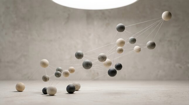 A delicate network of small concrete and stone spheres connected by thin white strings hovers over a minimalist stone surface, artificial intelligence network, future technology.