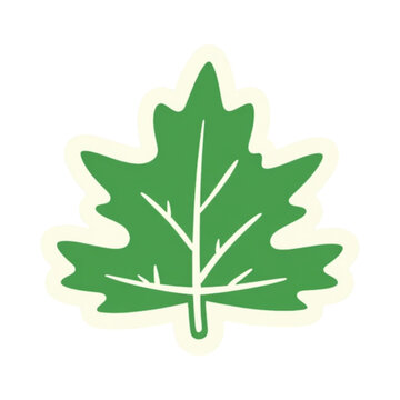 Green oak leaf sticker icon with cream outline border in flat cartoon style