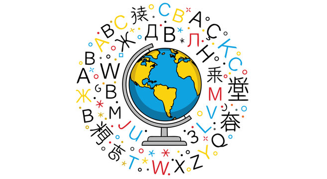 Global Linguistic Diversity and Learning A Dynamic Vector Illustration of Earth Encompassed by a Myriad of International Alphabet Characters for Education and Cross-Cultural Communication