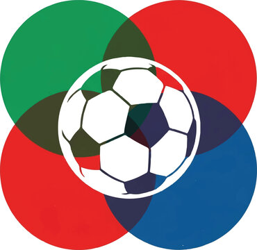 Three minimalist overlapping circles representing the host nations, colored in solid red, green, and blue, intersecting to form a white soccer ball silhouette in the negative space. High
