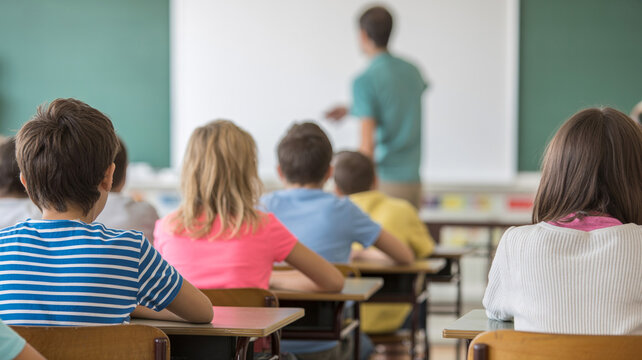 Elementary students listening to teacher in classroom