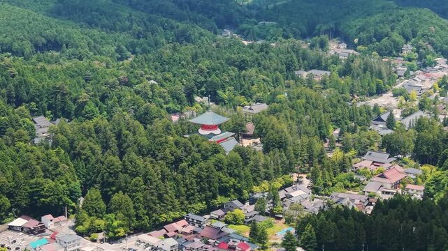 Aerial View of Konpon Daito Pagoda and Koyasan Temple Town Surrounded by Cedar Forest, Wakayama Japan「世界遺産 高野山」和歌山県高野町