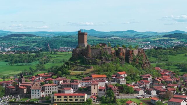 Aerial shot around Polignac Fortress in Polignac medieval village near le Puy en Velay on a nice day of spring , Haute Loire departement, Auvergne Rhone Alpes region , France