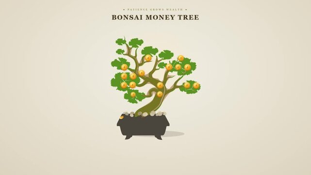 Bonsai money tree with gold coins growing on branches for wealth and patience finance concept