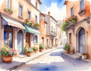 Obraz premium Old Town Street Watercolor Travel Postcard Illustration