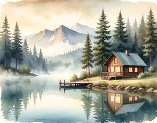 Obraz premium Cozy Lake Cabin Watercolor Mountain Landscape Illustration