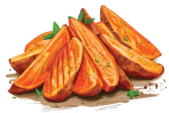 Grilled sweet potatoes on a rustic table isolated