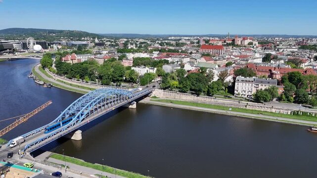 Aerial View of Krakow City, Vistula River and Marshal J&oacute;zef Piłsudski Bridge, Poland