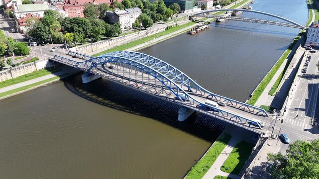 Aerial View of Krakow City, Vistula River and Marshal J&oacute;zef Piłsudski Bridge, Poland