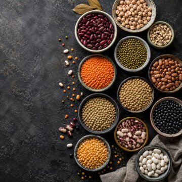 Assortiment rustique de haricots lentilles et pois en bols