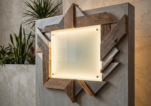 Business sign glowing on creative office wall for a logo Mockup. Wood and concrete. Generative ai