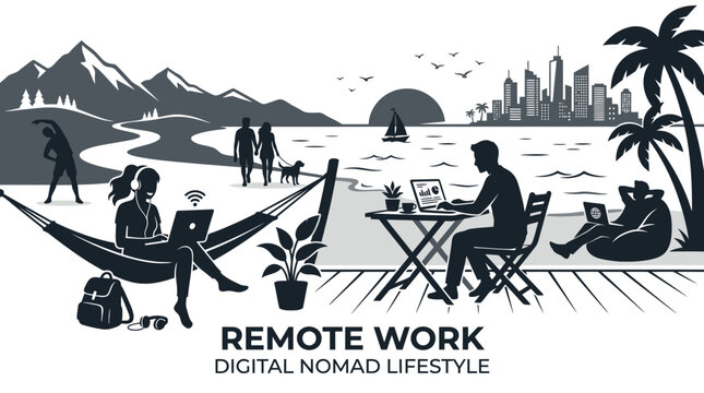 Remote work lifestyle by the beach with digital nomads and city skyline
