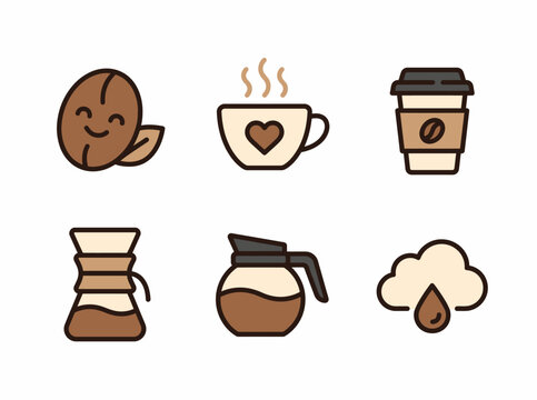 Coffee Icons: Bean, Cup, To-Go Cup, Chemex, Carafe, and Cloud