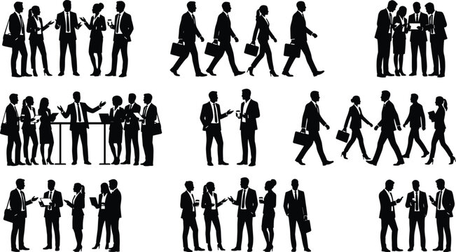 Business people silhouettes mega set with corporate office workers managers standing walking and talking on white background